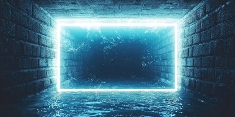 Fototapete - Glowing Cyan Rectangular Frame in Dark Blue Brick Wall