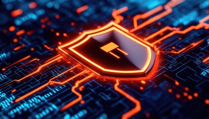 Poster - Glowing Digital Shield on Circuit Board Cybersecurity Concept