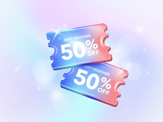 Wall Mural - holographic gradient chrome color a coupon tag label. 50 percent discount offer tag with shiny, glos
