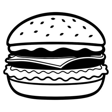 Black and White Vector Illustration of a Cheeseburger with Toppings