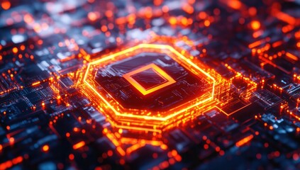 Poster - Glowing Orange CPU on Circuit Board, High Tech Abstract Background