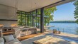 © dany - Modern lakefront kitchen, open-plan design, sunlit interior, dock and water views