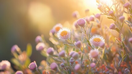 Poster - bright flowers bloom in golden light during the early morning at a serene garden