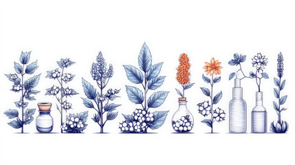 Poster - Illustration of various plants and bottles, showcasing botanical theme with detailed leaves and flowers. arrangement is artistic and minimalist, emphasizing natural beauty and elegance