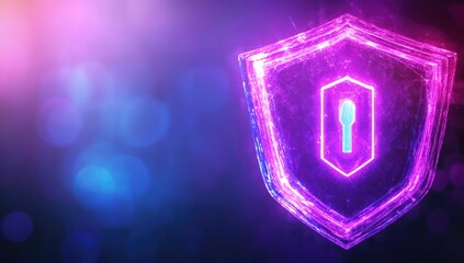 Poster - Glowing Purple and Pink Digital Shield with Blue Keyhole