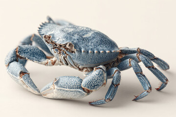 Poster - realistic photograph of full body blue crab isolated on light background, showcasing its detailed texture and vibrant color. crab claws and legs are prominently displayed