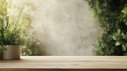 Poster - minimalist wooden table with potted plant against a soft natural background during daylight