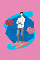Aufkleber - Creative collage of person stand crossed hands cursor speech bubble on pink color background