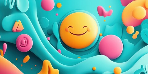 Poster - Colorful abstract design featuring smiling face and playful shapes in vibrant colors