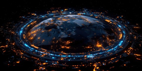 Poster - Futuristic Earth with glowing technology ring in space at night