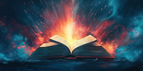 Poster - Open book radiating light and energy in cosmic explosion background
