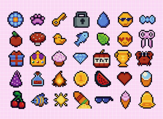 Fototapete - Set of pixel art speech bubbles and icons. Retro game style dialogue box and elements vector collection. Pixels Y2k trendy playful stickers. 8bit. Mood of 90's aesthetics