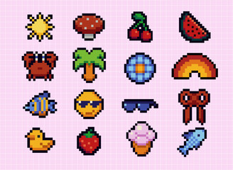 Fototapete - Set of summer pixel art speech bubbles and icons. Retro game style dialogue box and elements vector collection. Pixels Y2k trendy playful stickers. 8bit. Mood of 90's aesthetics