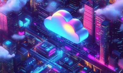 Poster - futuristic cityscape with glowing cloud symbol representing digital storage and technology