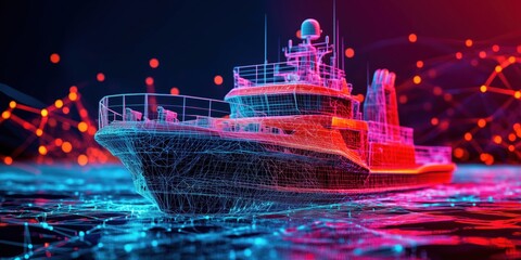 Poster - 3d wireframe model of a futuristic ship with vibrant neon colors and digital connections
