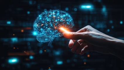 Poster - Hand Interacting with Glowing Blue Digital Brain Network