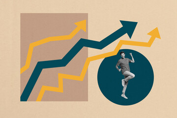 Poster - Poster banner collage of person win stand near arrows graphs on pastel background