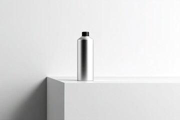 Poster - Minimalistic aluminum bottle on a white surface with a clean background