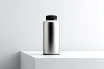 Poster - Sleek silver container placed on a minimalistic white shelf in a modern setting