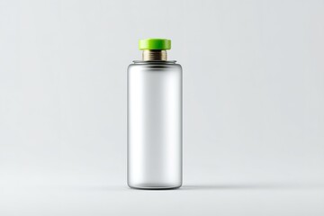 Poster - Clear glass bottle with a green cap displayed on a neutral background in a minimalist setting