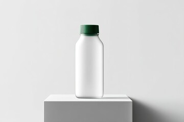 Poster - Clear bottle with green cap displayed on a white pedestal against a minimalist background in a well-lit space