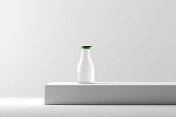Poster - Minimalist display of a white bottle with a green cap on a simple pedestal in a bright, modern setting