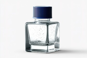 Poster - Clear glass bottle with blue cap holding sparkling water on a neutral background