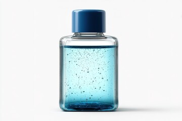 Poster - Clear blue liquid in a glass bottle with a blue cap displayed on a light background