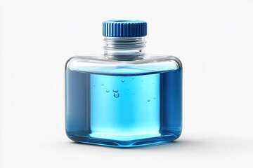 Poster - Clear glass bottle filled with blue liquid and bubbles on light background