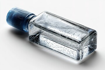Poster - Clear glass bottle with blue cap containing sparkling liquid against a white background