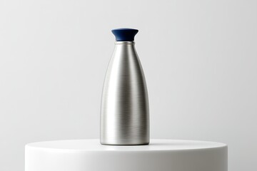 Poster - Stainless steel water bottle with blue lid on a white pedestal in a minimalist setting