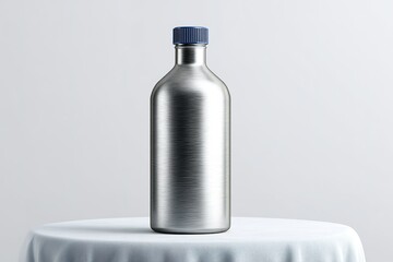 Poster - Metal water bottle with blue cap displayed on a white tablecloth in a minimalistic setting