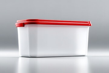 Poster - Clear storage container with red lid displayed on a reflective surface in a minimalistic setting