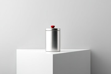 Poster - Metal container on a white geometrical pedestal in a minimalist studio setting