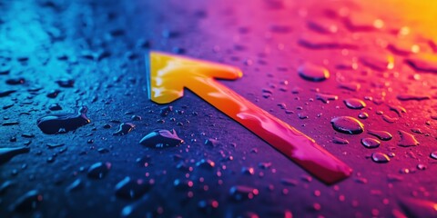 Poster - Colorful upward arrow on wet surface with vibrant reflections and water droplets