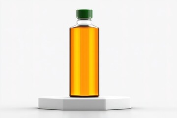 Poster - Bottle of golden liquid displayed on a white pedestal against a light background