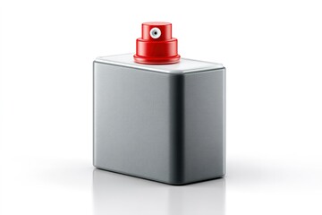 Poster - Unique modern spray bottle design with a red nozzle on a reflective surface in a minimalistic style