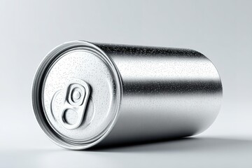Poster - Silver aluminum beverage can lying on its side against a smooth gray background in a minimalist setup