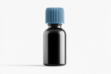 Poster - Black glass bottle with blue cap placed on a light background showcasing product packaging design