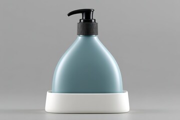 Poster - Promotional display of a modern pump bottle in a minimalistic holder showcasing sleek design and calm colors