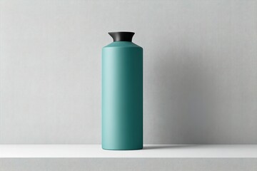 Poster - Stylish turquoise vase displayed on a white shelf against a minimalistic gray background