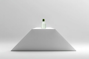 Poster - Minimalist glass bottle displayed on a geometric pedestal in a bright, neutral setting with soft lighting