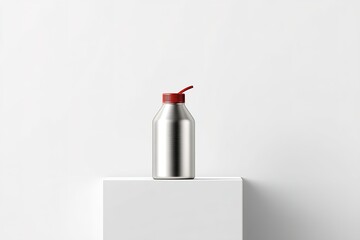 Poster - Stylish metal bottle with red cap displayed on white pedestal in a minimalistic setting