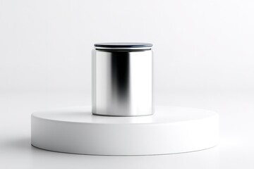 Poster - Stainless steel container displayed on a minimalist pedestal in a well-lit studio setting