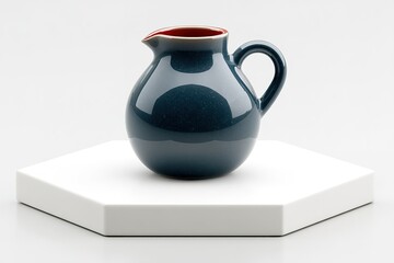 Poster - Dark-blue ceramic pitcher displayed on a white hexagonal platform in a minimalist setting