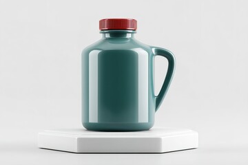 Poster - Stylish teal jug with a red lid displayed on a white pedestal against a minimalist background
