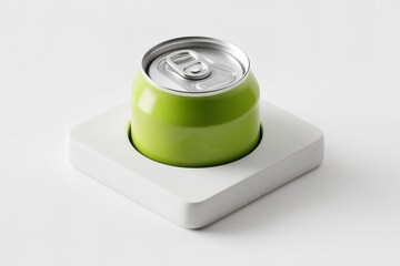 Poster - Bright green beverage can resting on a minimalistic white coaster in a modern design setting