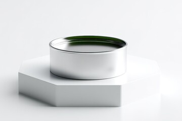 Poster - Metal can displayed on a hexagonal pedestal with a minimalistic design in a bright environment