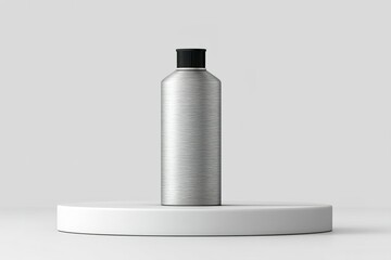 Poster - Unique silver bottle displayed on a round platform in a minimalist setting, highlighting modern design and sleek aesthetics