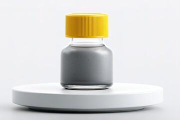 Poster - Small glass container filled with gray paint on a simple white display platform